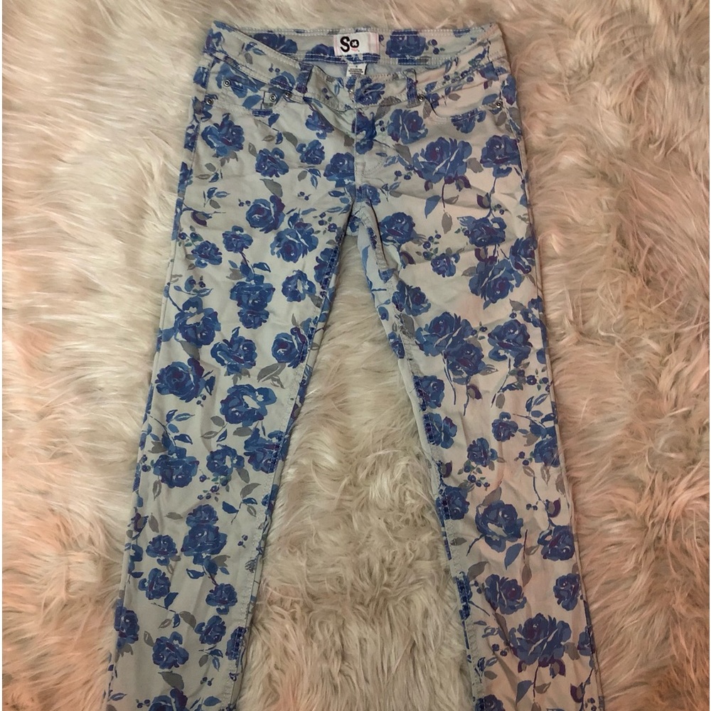 light grey blue & purple floral design jean